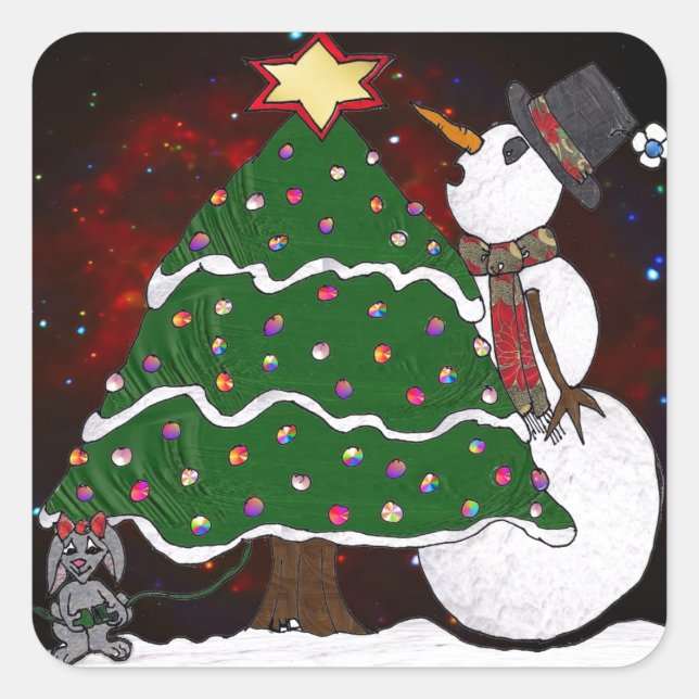 Christmas Tree Snowman Surprise Art Print Square Sticker (Front)
