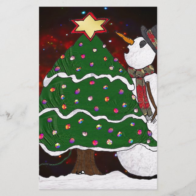 Christmas Tree Snowman Surprise Art Print Stationery (Front)