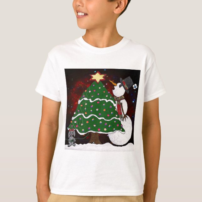 Christmas Tree Snowman Surprise Art Print T-Shirt (Front)