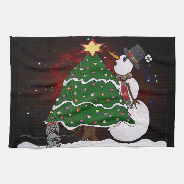Christmas Tree Snowman Surprise Art Print Tea Towel (Horizontal)