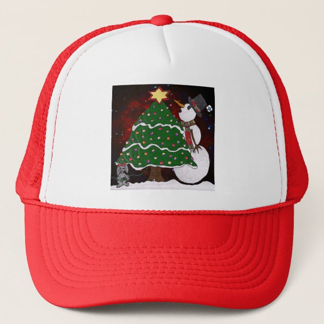 Christmas Tree Snowman Surprise Art Print Trucker Hat (Front)