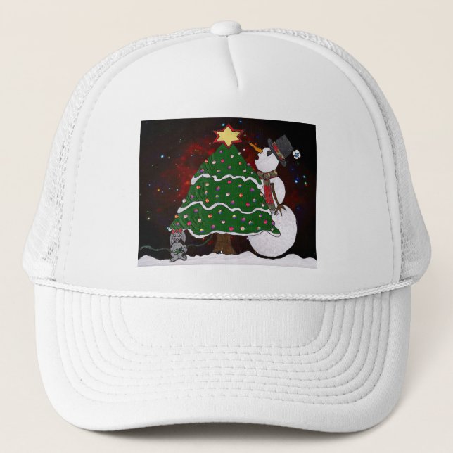 Christmas Tree Snowman Surprise Art Print Trucker Hat (Front)