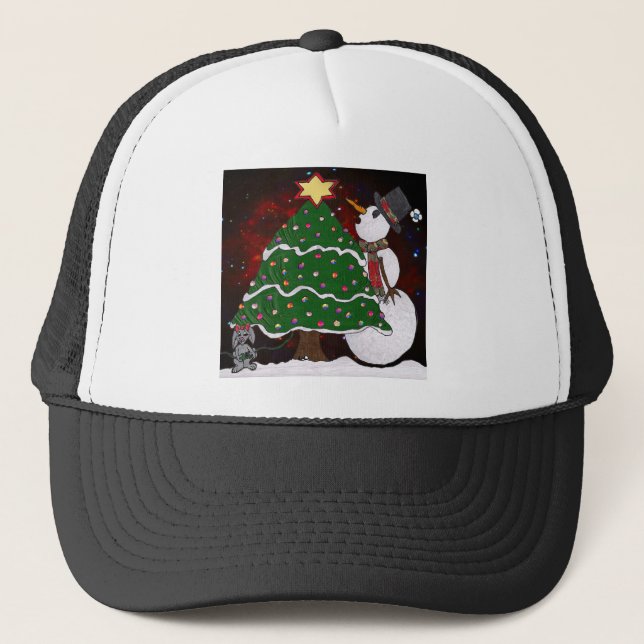 Christmas Tree Snowman Surprise Art Print Trucker Hat (Front)
