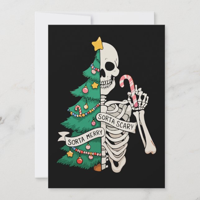 Christmas Tree Sorta Merry Sorta Scary Skeleton Holiday Card (Front)