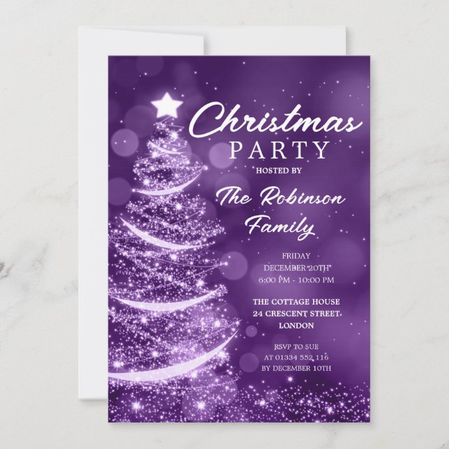 Christmas Tree Sparkle Purple Christmas Party Invitation (Front)