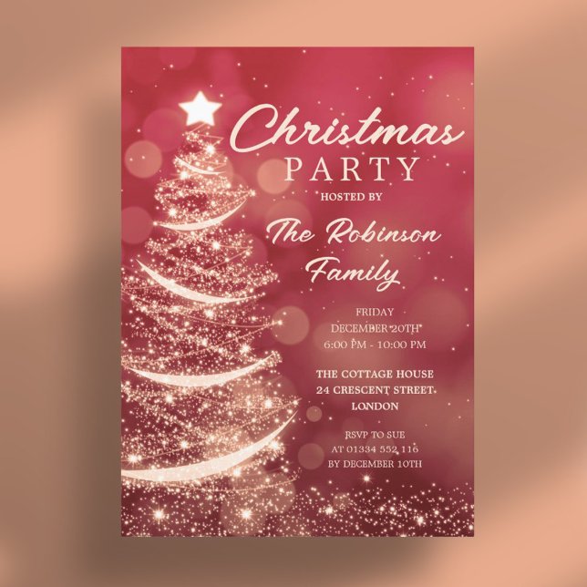 Christmas Tree Sparkle Red Gold Christmas Party Invitation (Christmas Tree Sparkle Red Gold Christmas Party Invitation)