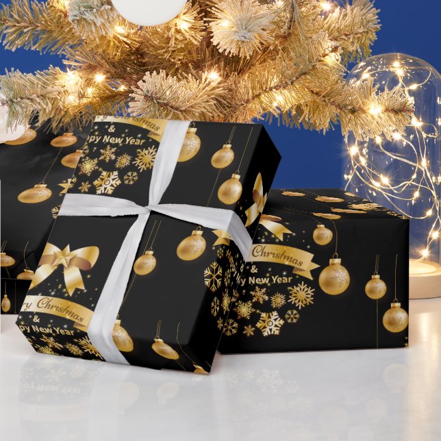 Christmas tree, Sparkling black and Golden Wrappi Wrapping Paper (Holidays)