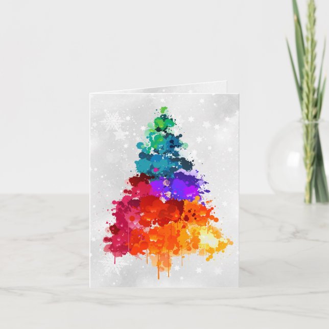 Christmas Tree, Splatter Paint, Primary Colors Holiday Card (Front)