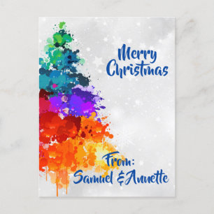 Christmas Tree, Splatter Paint, Primary Colors Holiday Postcard