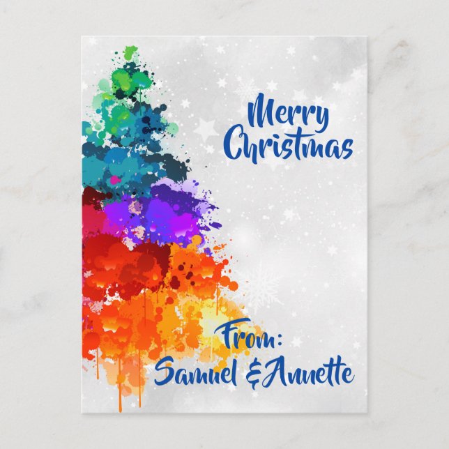 Christmas Tree, Splatter Paint, Primary Colors  Holiday Postcard (Front)