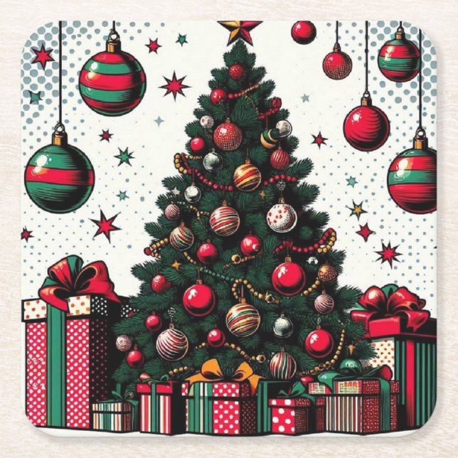 Christmas tree square paper coaster (Front)