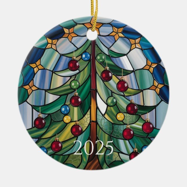 Christmas Tree Stained Glass 2025 Design Ceramic Tree Decoration (Front)