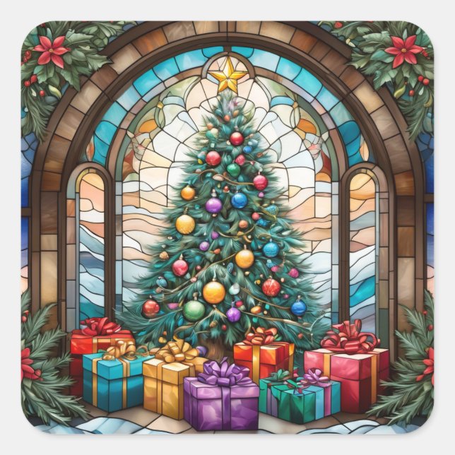 Christmas Tree Stained Glass #2 Square Sticker (Front)