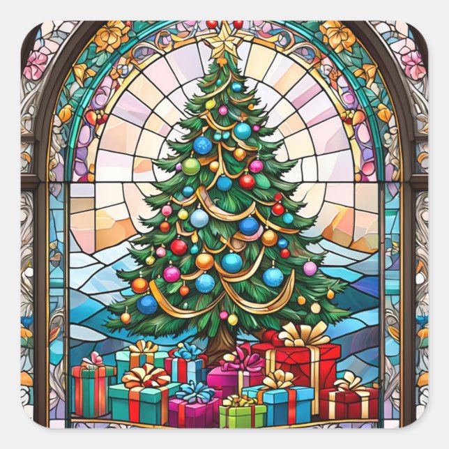 Christmas Tree Stained Glass Square Sticker (Front)