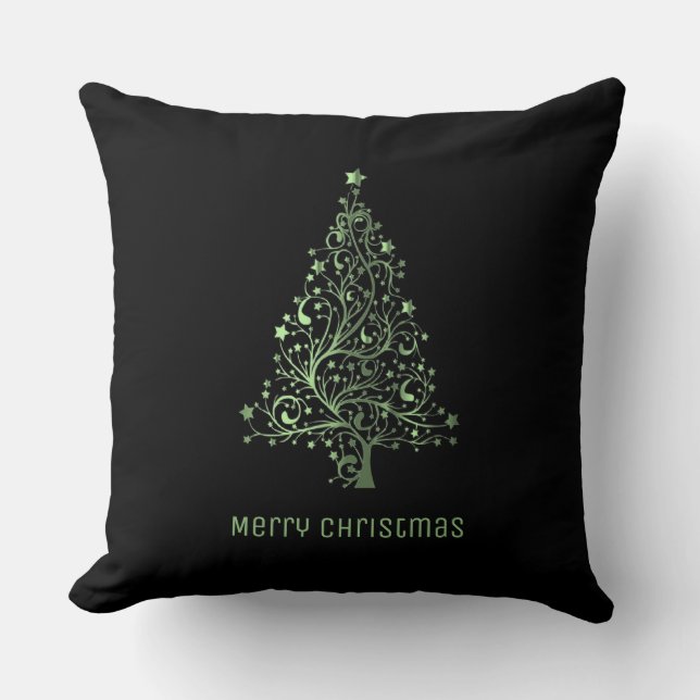 Christmas Tree Stars Black Metallic Green Look Cushion (Front)