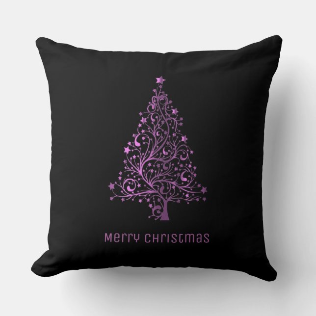 Christmas Tree Stars Black Metallic Pink Look Cushion (Front)