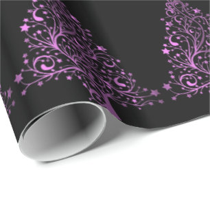 Christmas Tree Stars Black Metallic Pink Look Wrapping Paper