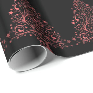 Christmas Tree Stars Black Metallic Red Look Wrapping Paper