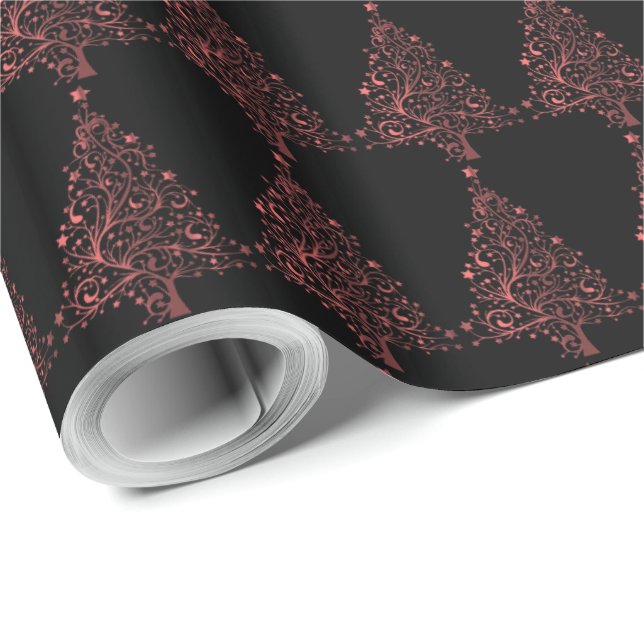 Christmas Tree Stars Black Metallic Red Look Wrapping Paper (Roll Corner)