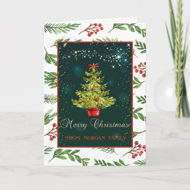 Christmas Tree,Stars,Holly Berry,Green Holiday Card (Front)