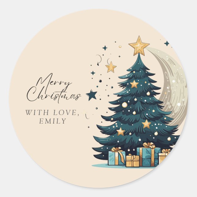 Christmas Tree Stars The Moon Classic Round Sticker (Front)