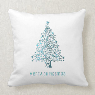 Christmas Tree Stars Turquoise Blue White Cushion