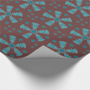 Christmas Tree Stars Wheel Maroon Aqua Teal Wrapping Paper