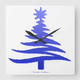 Christmas Tree Stencil Cobalt Blue Square Wall Clock