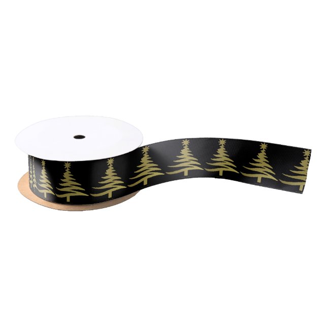 Christmas Tree Stencil Gold on Black Satin Ribbon (Spool)