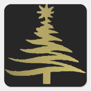 Christmas Tree Stencil Gold on Black Square Sticker