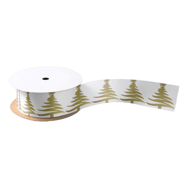 Christmas Tree Stencil Gold on White Satin Ribbon (Spool)