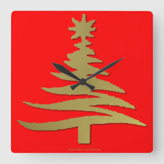 Christmas Tree Stencil Gold Square Wall Clock