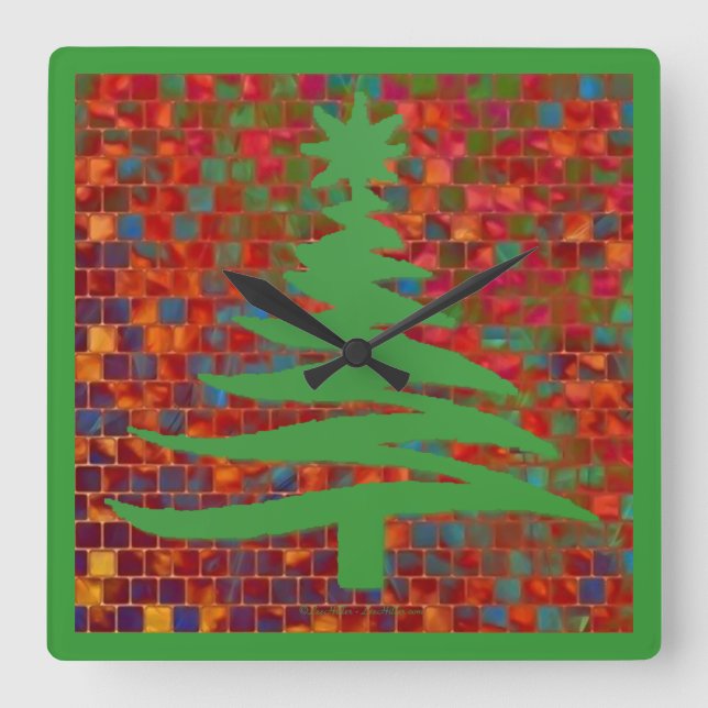 Christmas Tree Stencil Green Square Wall Clock (Front)