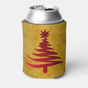 Christmas Tree Stencil Red on Gold Can Cooler