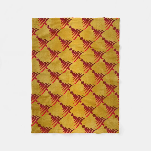 Christmas Tree Stencil Red on Gold Fleece Blanket (Front)