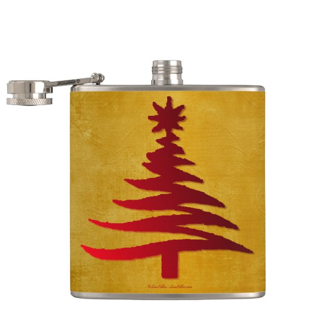 Christmas Tree Stencil Red on Gold Hip Flask (Opened)