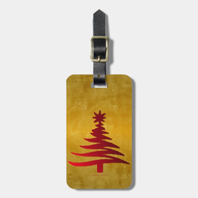 Christmas Tree Stencil Red on Gold Luggage Tag (Front Vertical)