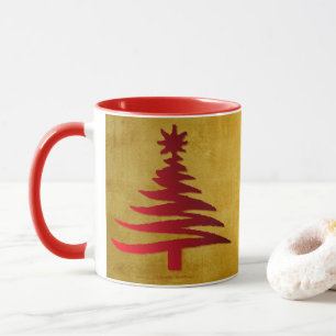 Christmas Tree Stencil Red on Gold Mug