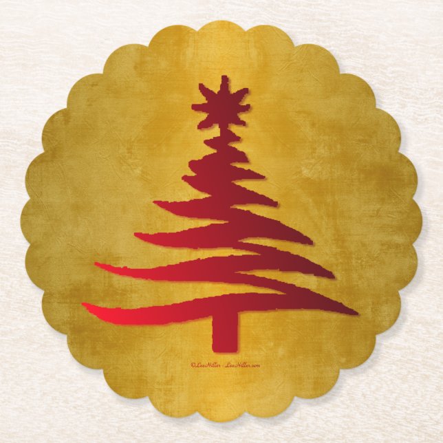 Christmas Tree Stencil Red on Gold Paper Coaster (Front)