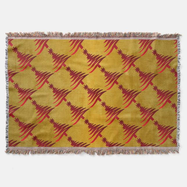 Christmas Tree Stencil Red on Gold Throw Blanket (Front)