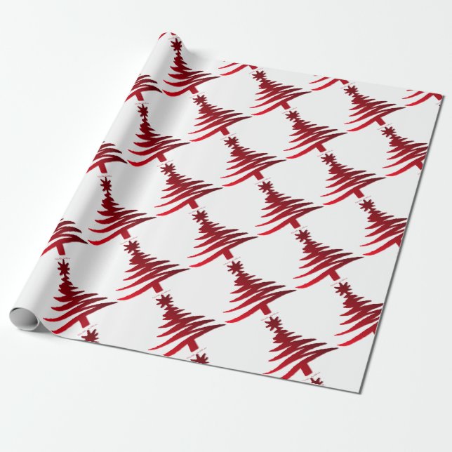 Christmas Tree Stencil Red on White Wrapping Paper (Unrolled)