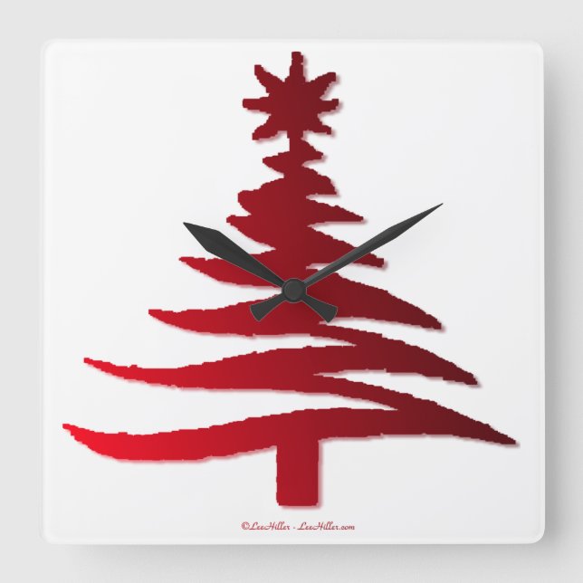 Christmas Tree Stencil Red Square Wall Clock (Front)