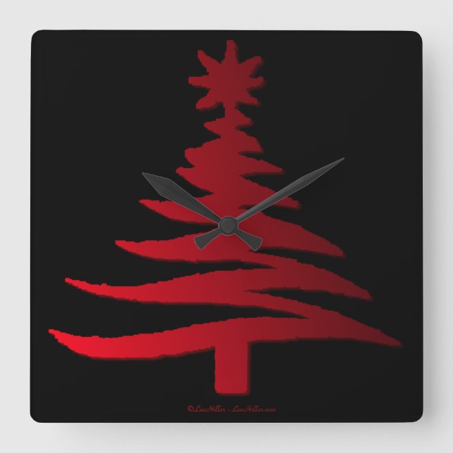 Christmas Tree Stencil Red Square Wall Clock (Front)