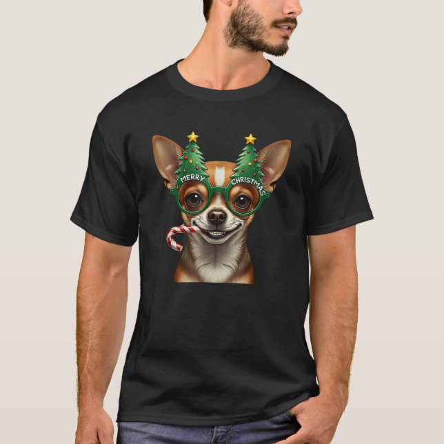 Christmas Tree Sunglasses Chihuahua Candy Cane Men T-Shirt (Front)