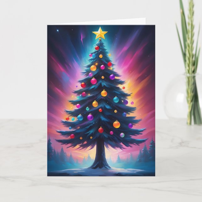 Christmas Tree Synthwave Aurora Borealis Holiday Card (Front)