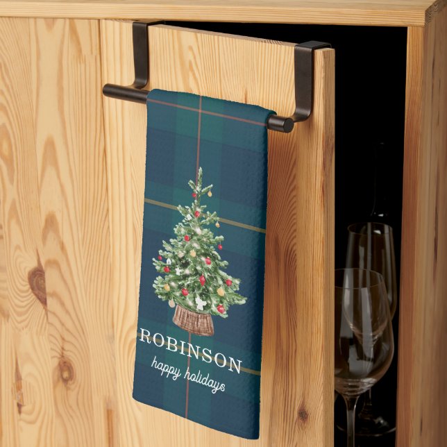 Christmas Tree Tartan Plaid Family Name Tea Towel (Thirds Fold)