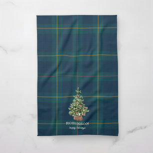 Christmas Tree Tartan Plaid Family Name Tea Towel