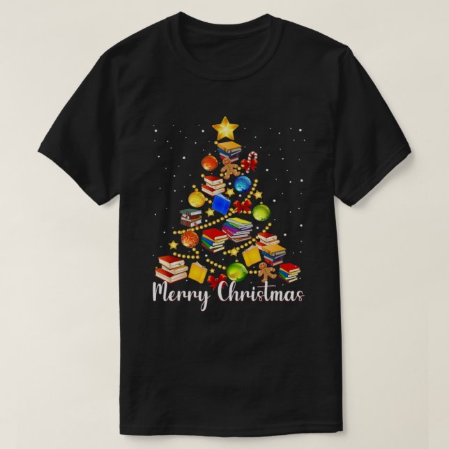 Christmas Tree Teachers Love reading books Librari T-Shirt (Design Front)