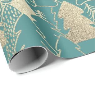 Christmas Tree Teal Mint  Gold Fancy Glitter Wood Wrapping Paper
