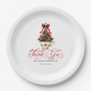 Christmas Tree Thank You Red Typography Paper Plate